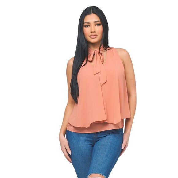 NWT Coral Pink Sleeveless Ruffle Blouse Shirt Top with Tie-Neck - Picture 2 of 4